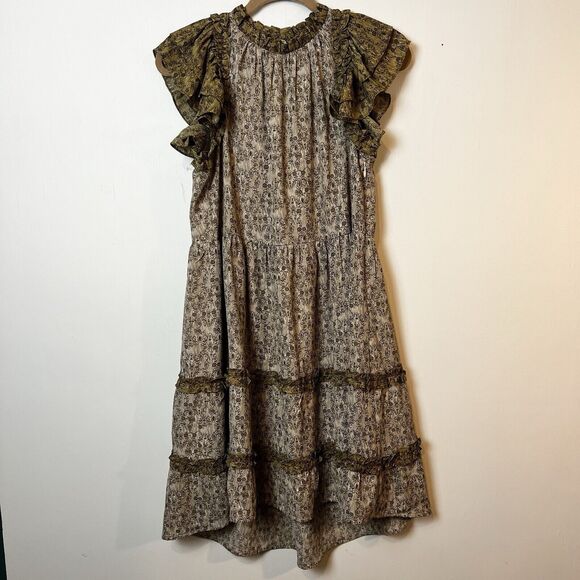 Aureum Sage Green Floral Tiered Ruffle Dress Sz S #AD1055 - Picture 1 of 11